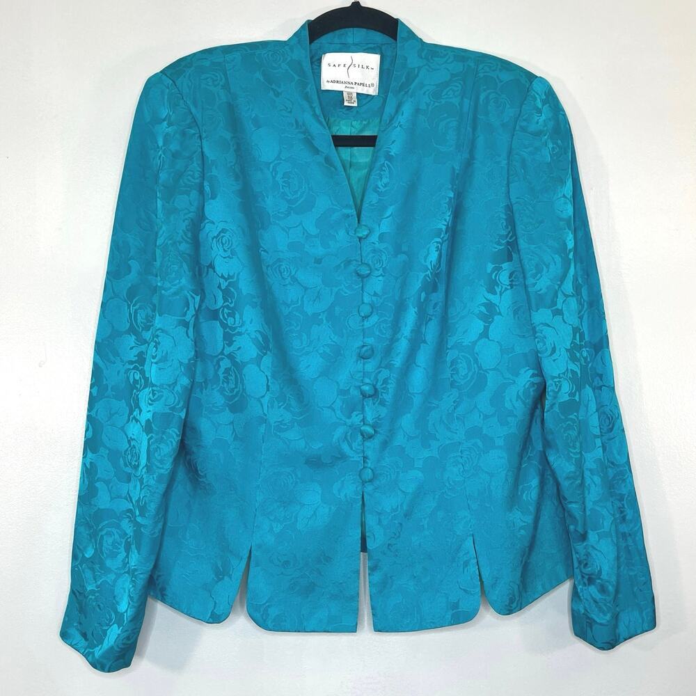 VTG 80s ADRIANNA PAPELL Women Skirt/Jackets Set Floral Long Sleeve Silk 12P Blue - Picture 2 of 14